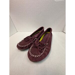 Minnetonka Kilty Moccasin Women 11 Burgundy Suede Fringe Slip On Flats